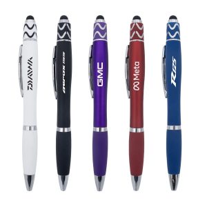 A set of five stylus pens in white, black, purple, red, and blue, each featuring a logo.