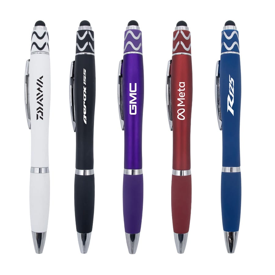 A set of five stylus pens in white, black, purple, red, and blue, each featuring a logo.