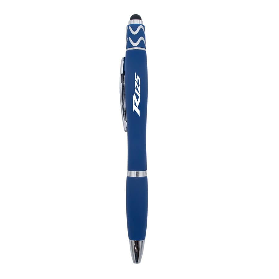 A blue Spinner Fidget Pen with a stylus tip and a logo on the body. The pen is sleek and modern in design.