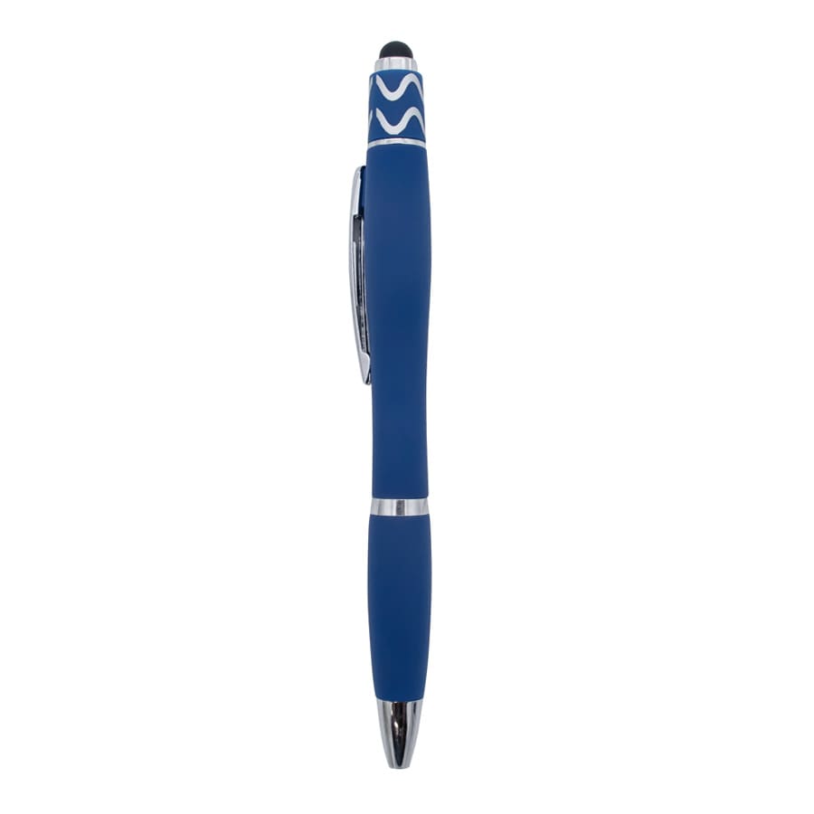 A blue Spinner Fidget Pen with a smooth grip and a stylus tip, featuring a logo on the upper part.