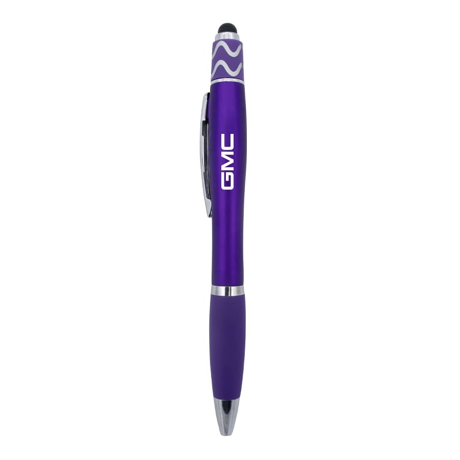A purple fidget pen with a stylus tip and a clip, featuring a logo on its body.