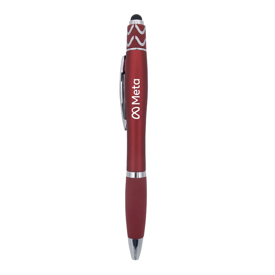 A red Spinner Fidget Pen featuring a stylus tip and a logo, made for writing and fidgeting.