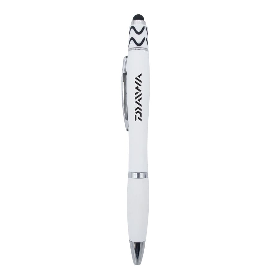 A white fidget pen with a stylus tip and chrome accents, featuring a logo.