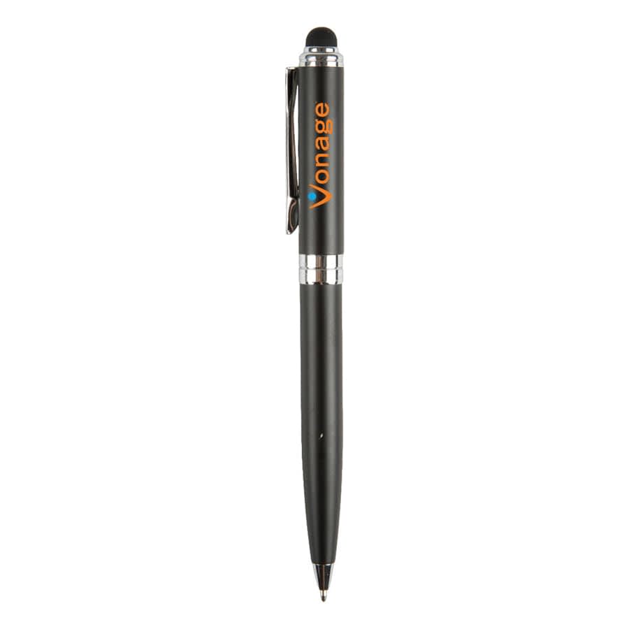 A black stylus pen featuring a silver clip and a logo. The pen has a smooth finish and a retractable tip.