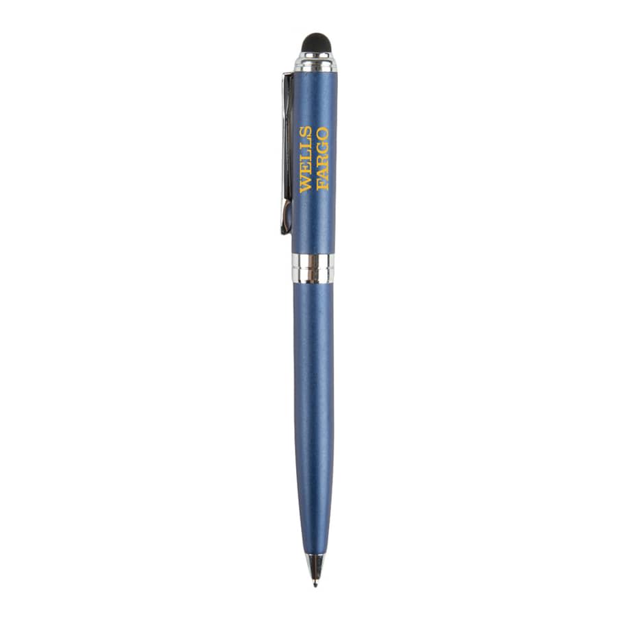 A blue stylus pen with a silver clip and a logo on the barrel, designed for writing and touchscreen use.