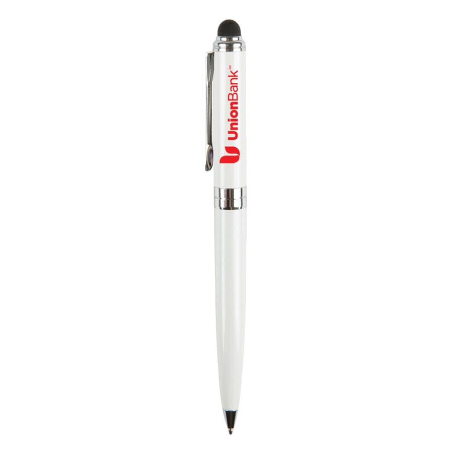 A white stylus pen with a black writing tip and a branding logo on the upper part.
