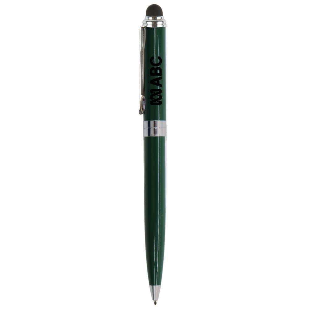 A green stylus pen with a silver clip and tip, featuring a branding logo on its body.
