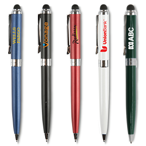 A collection of five stylus pens in blue, black, red, white, and green, each with a logo.