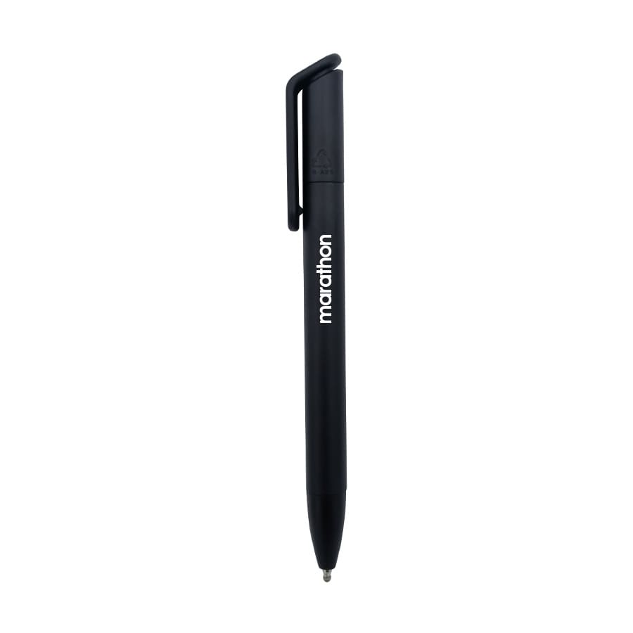 A black ballpoint pen with a clip and a logo on its side.