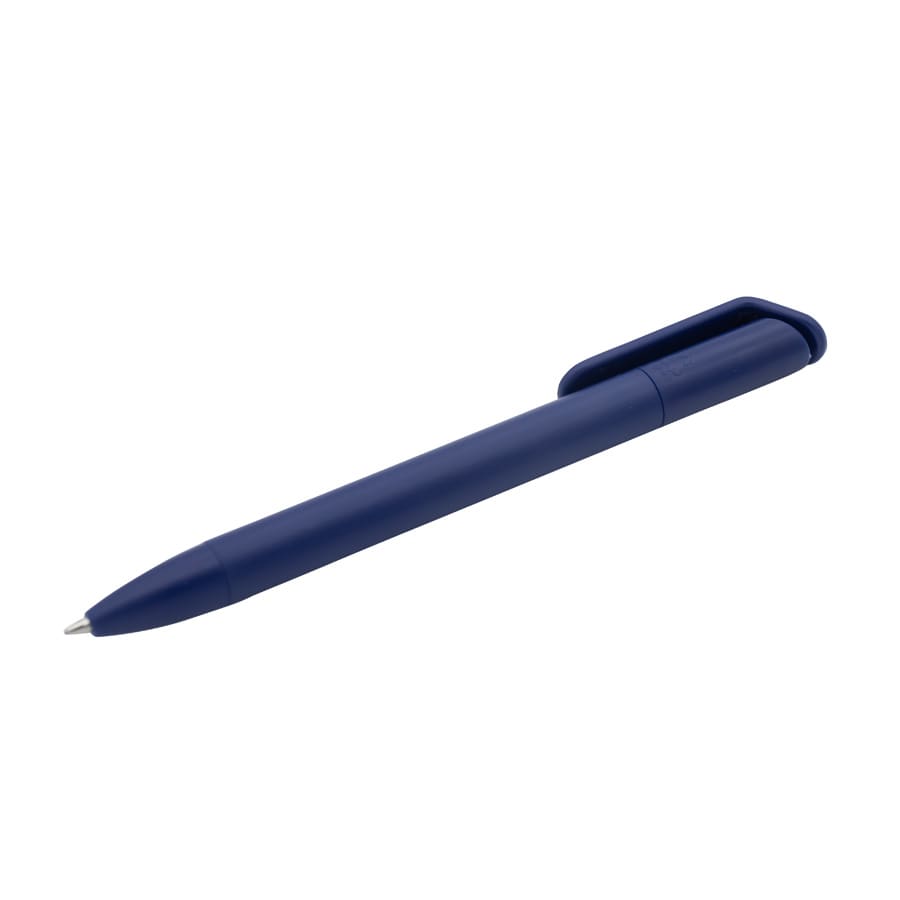 A navy blue ballpoint pen with a sleek, minimalist design and a clip for easy attachment.