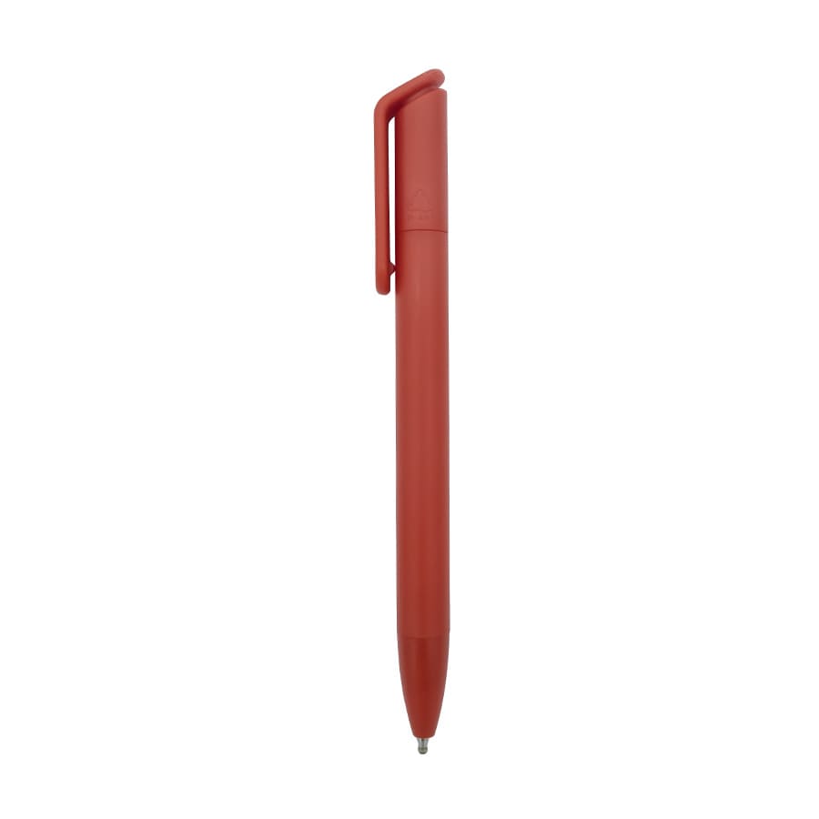 A red ballpoint pen with a clip and rounded tip, featuring a branding logo.