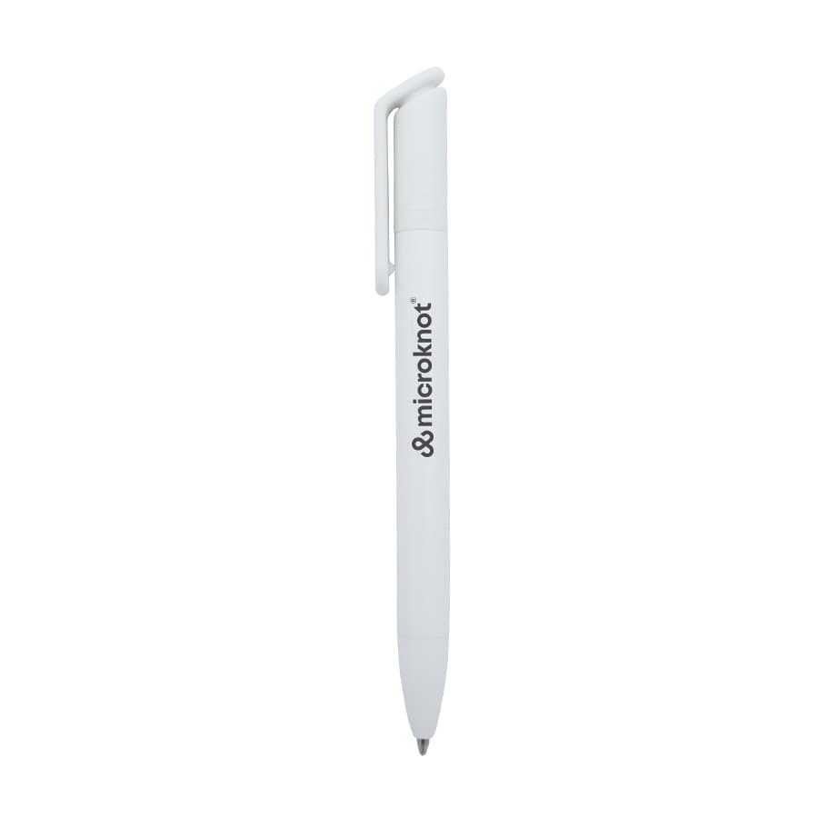 A white ballpoint pen with a clip and a logo on the side.