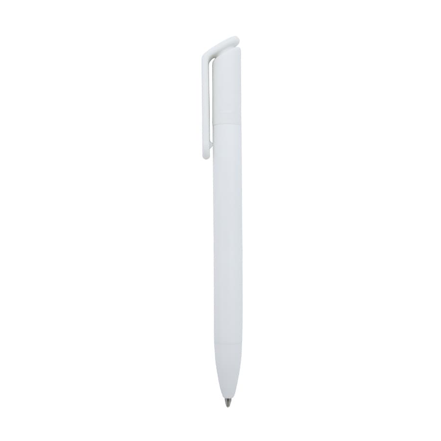 A sleek white ballpoint pen featuring a clip and a simple design, with a branding logo visible.