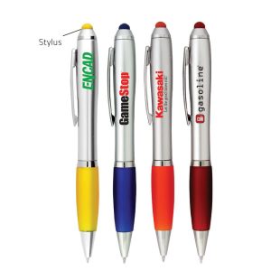 A collection of four stylus pens in silver, featuring various coloured accents: yellow, blue, red, and dark red.