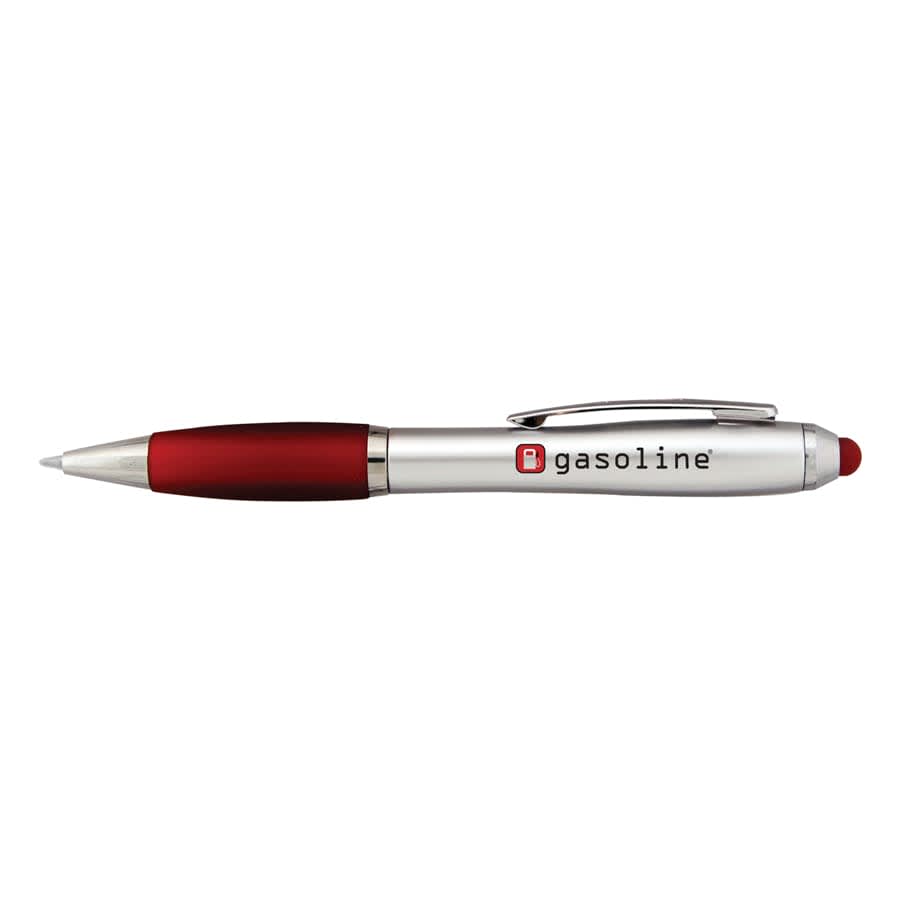 A silver and red stylus pen featuring a sleek design and a clip, with a logo on the barrel.