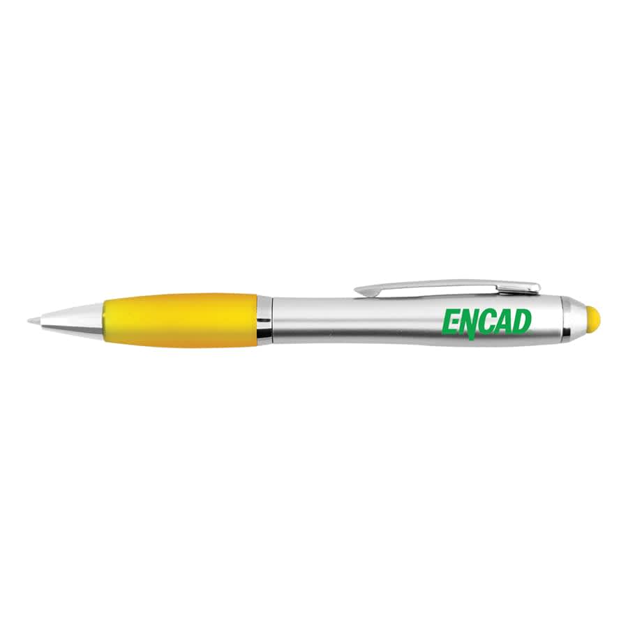A silver stylus pen with a yellow tip and grip, featuring a logo on its side.