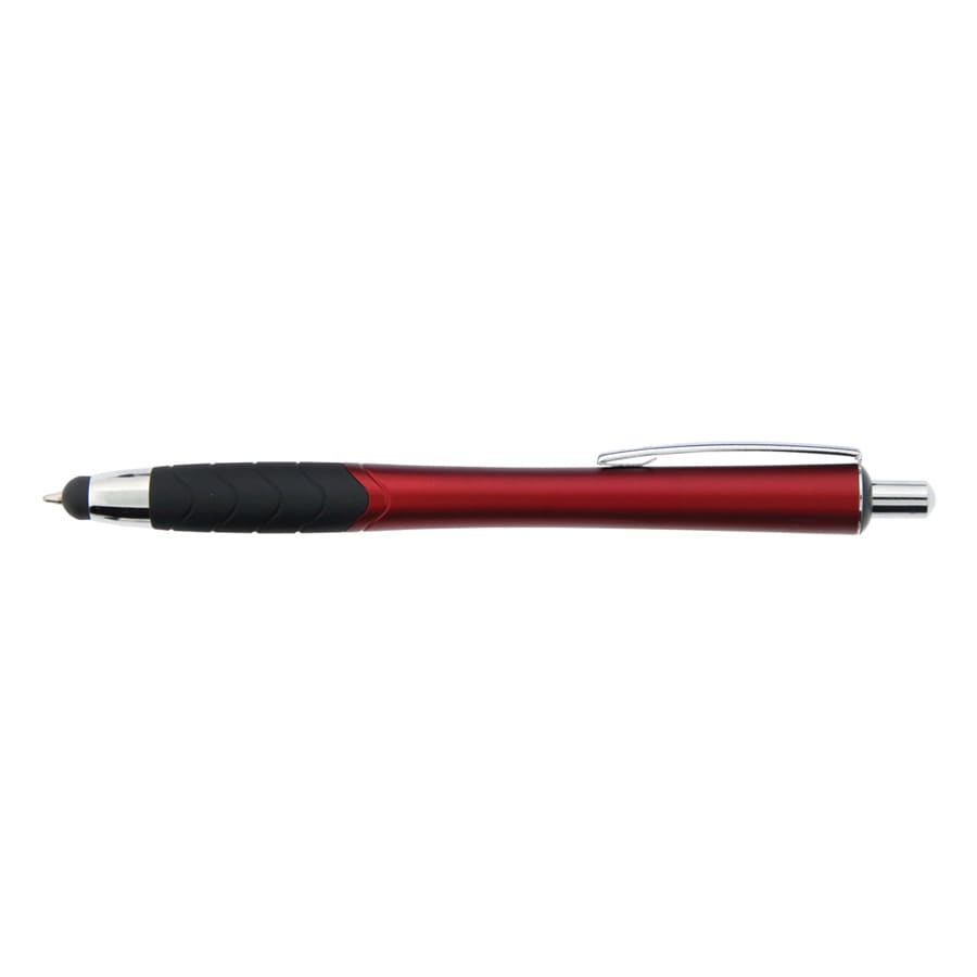 A red stylus pen with a black grip and a silver clip, featuring a logo.