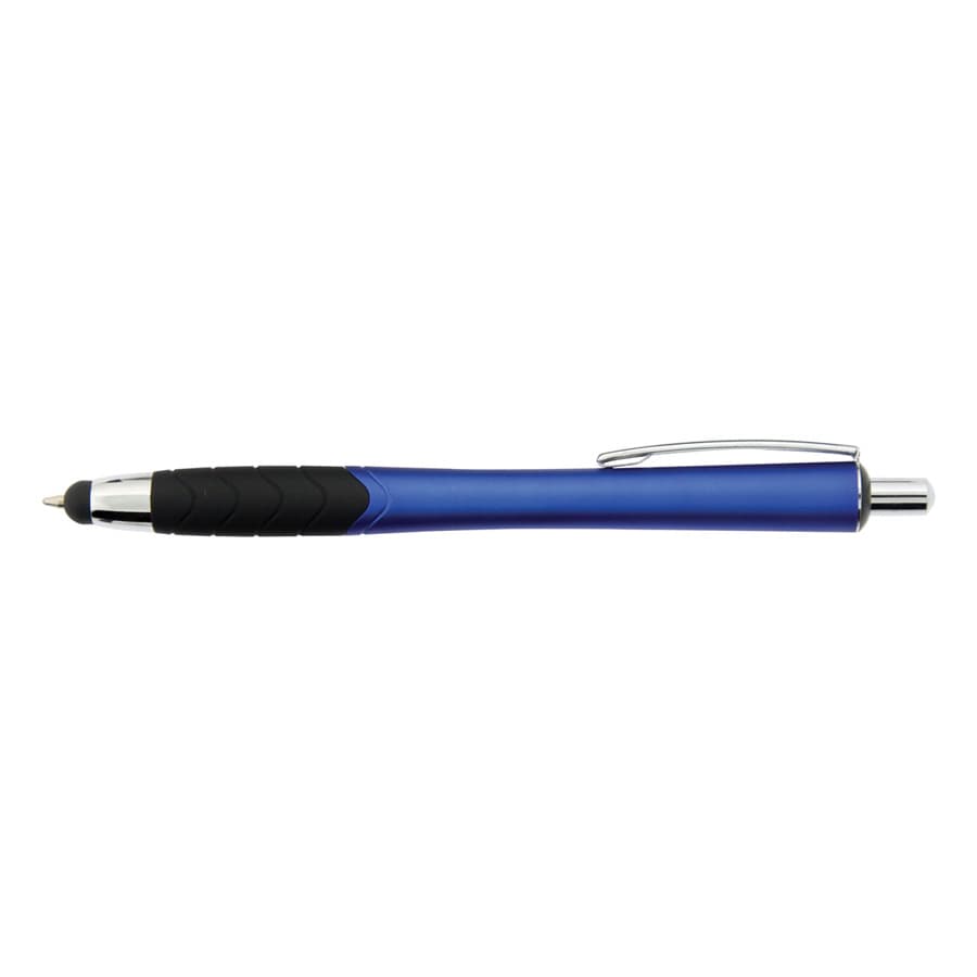 A blue stylus pen with a textured black grip, featuring a clip and a shiny silver tip. The pen also has a branding logo.