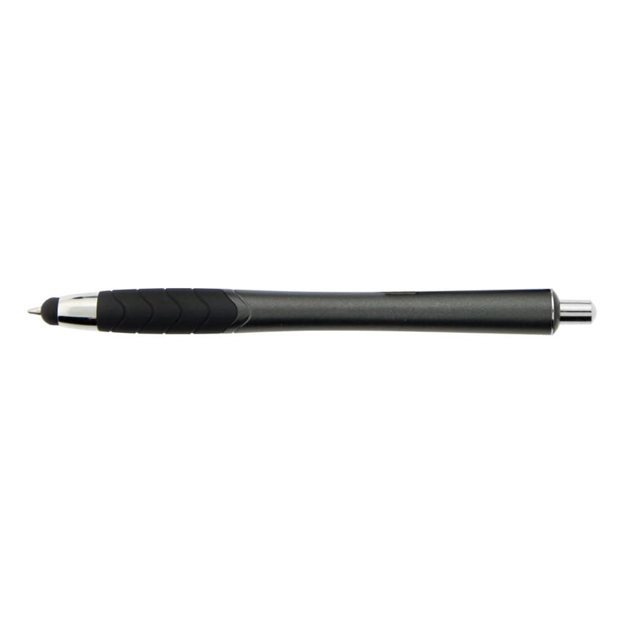 A stylus pen in a sleek black design with a textured grip and silver accents. It features a branding logo.