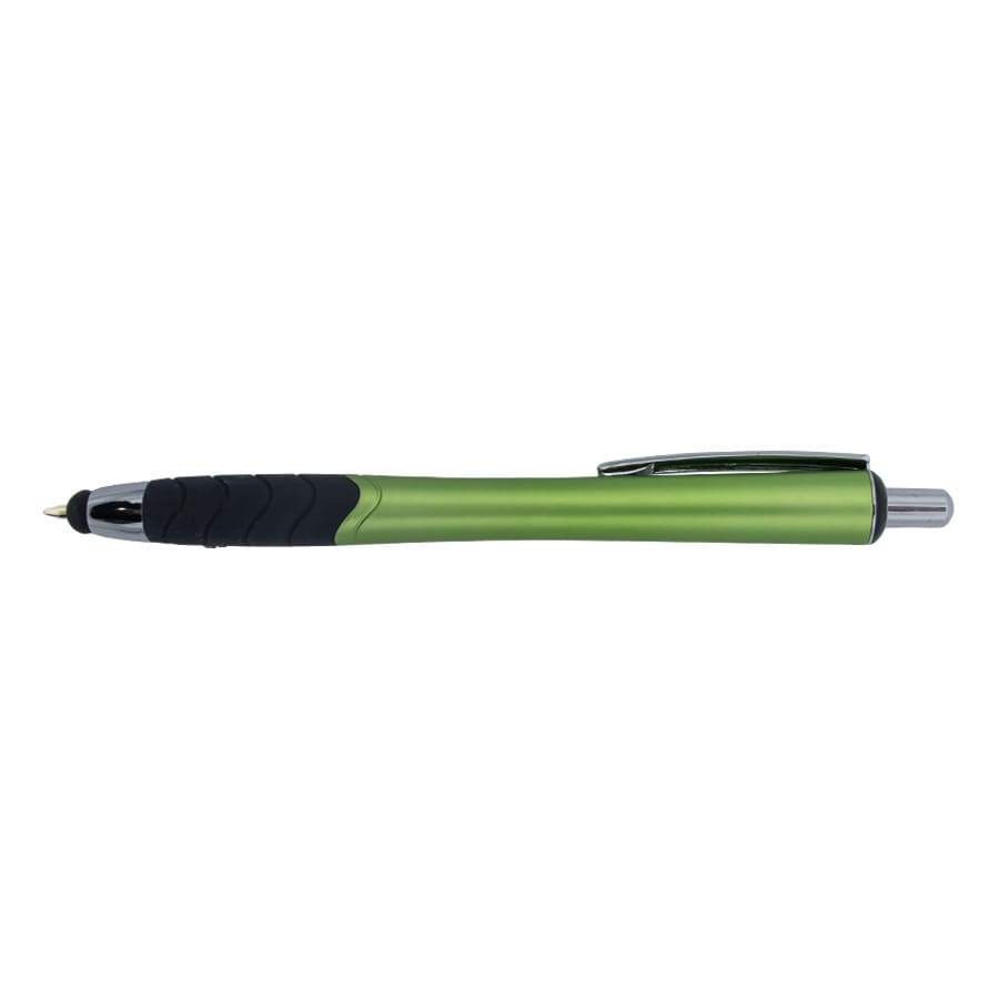 A green stylus pen with a black grip and silver clip, featuring a branding logo.