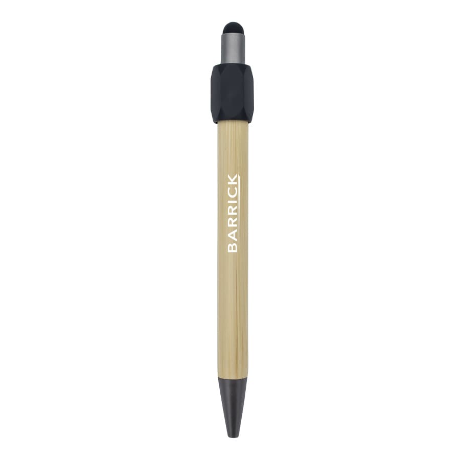 A bamboo spinner pen with a black tip and grip, featuring a logo on its barrel.