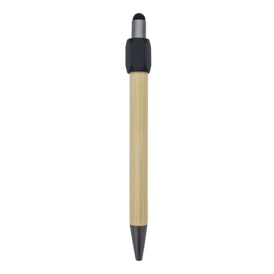 A bamboo pen with a black tip and a textured black grip, featuring a branding logo.