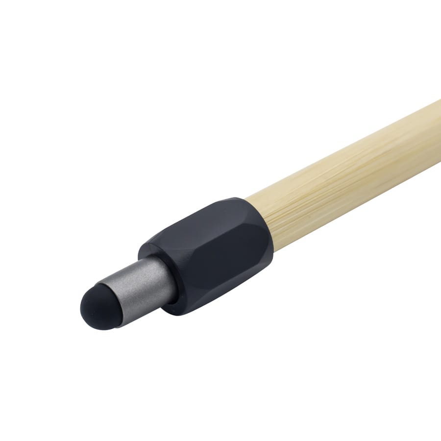 A bamboo spinner pen with a black tip and a hexagonal grip. The pen features a natural bamboo body.
