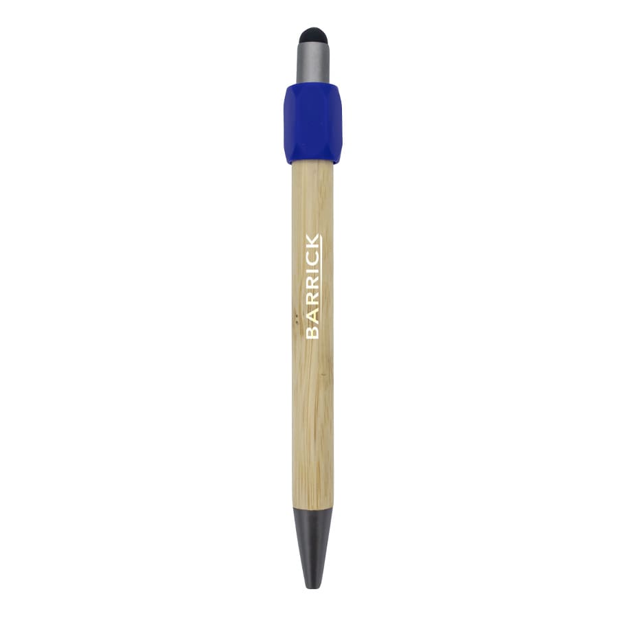 A bamboo pen featuring a blue grip and a black tip, with a logo displayed on the barrel.