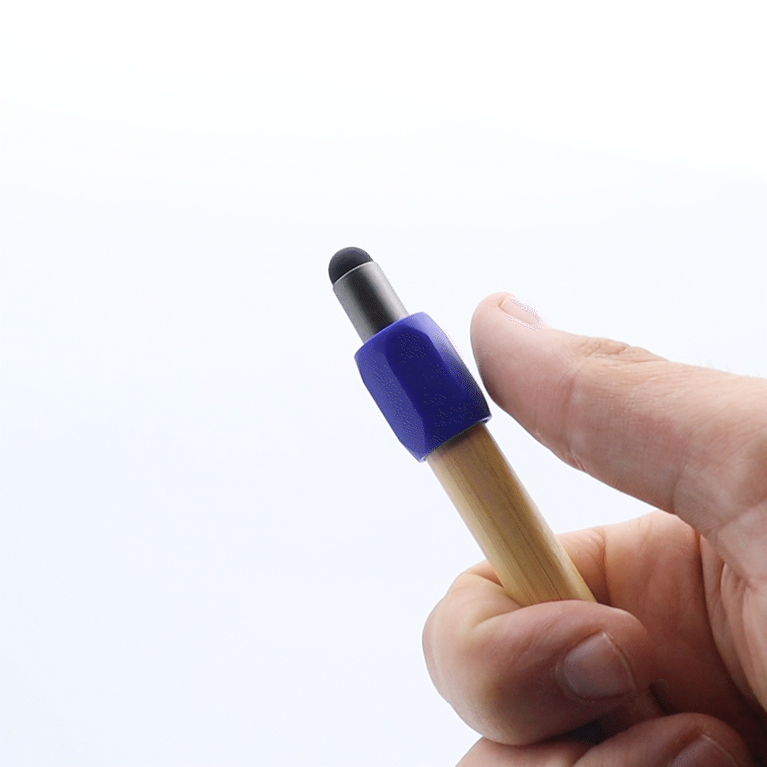 A bamboo spin pen with a blue grip is held between fingers, featuring a smooth nib and a branding logo.