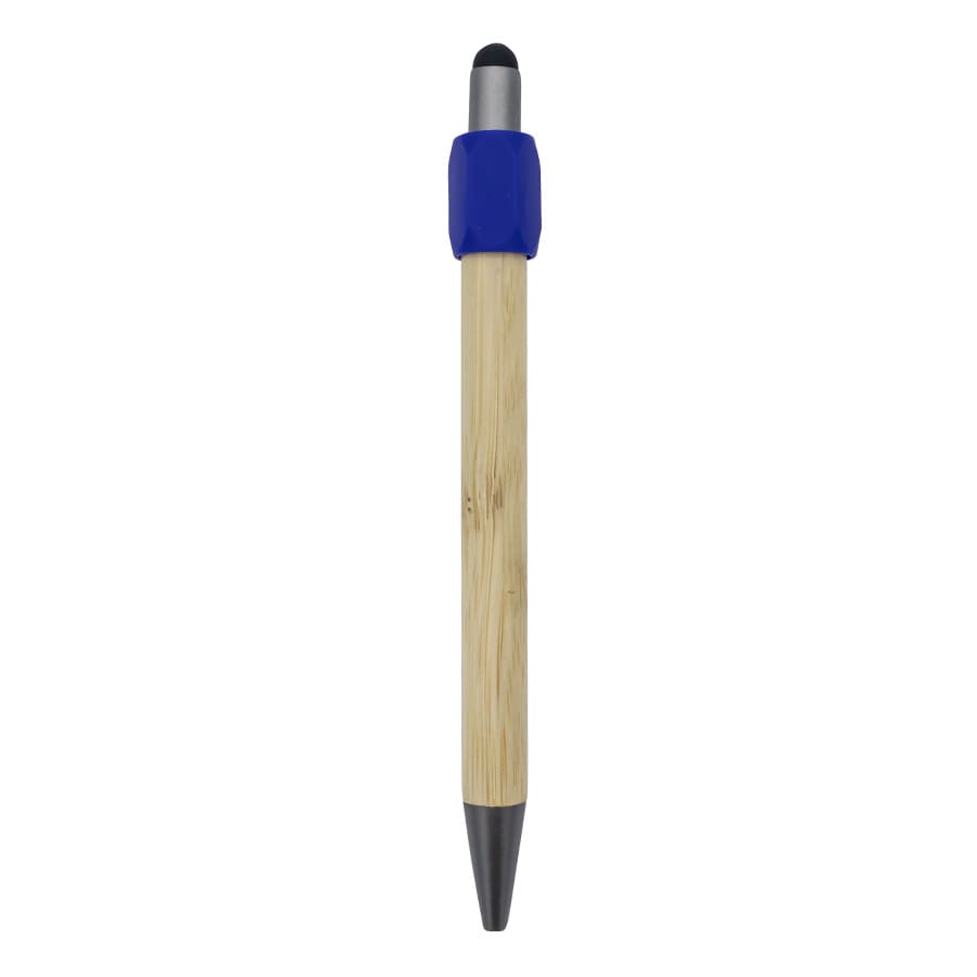 A bamboo pen with a blue silicone grip and metal tip, featuring a branding logo.