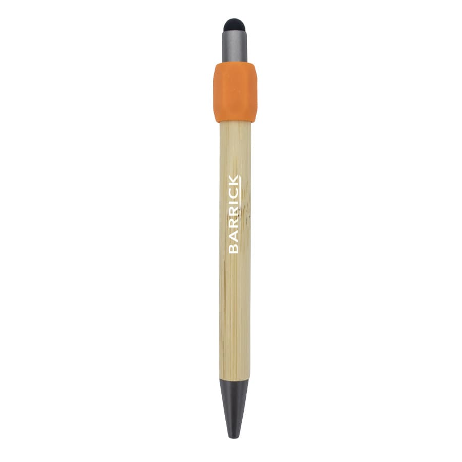 A bamboo spinner pen with an orange grip and black tip, featuring a logo.