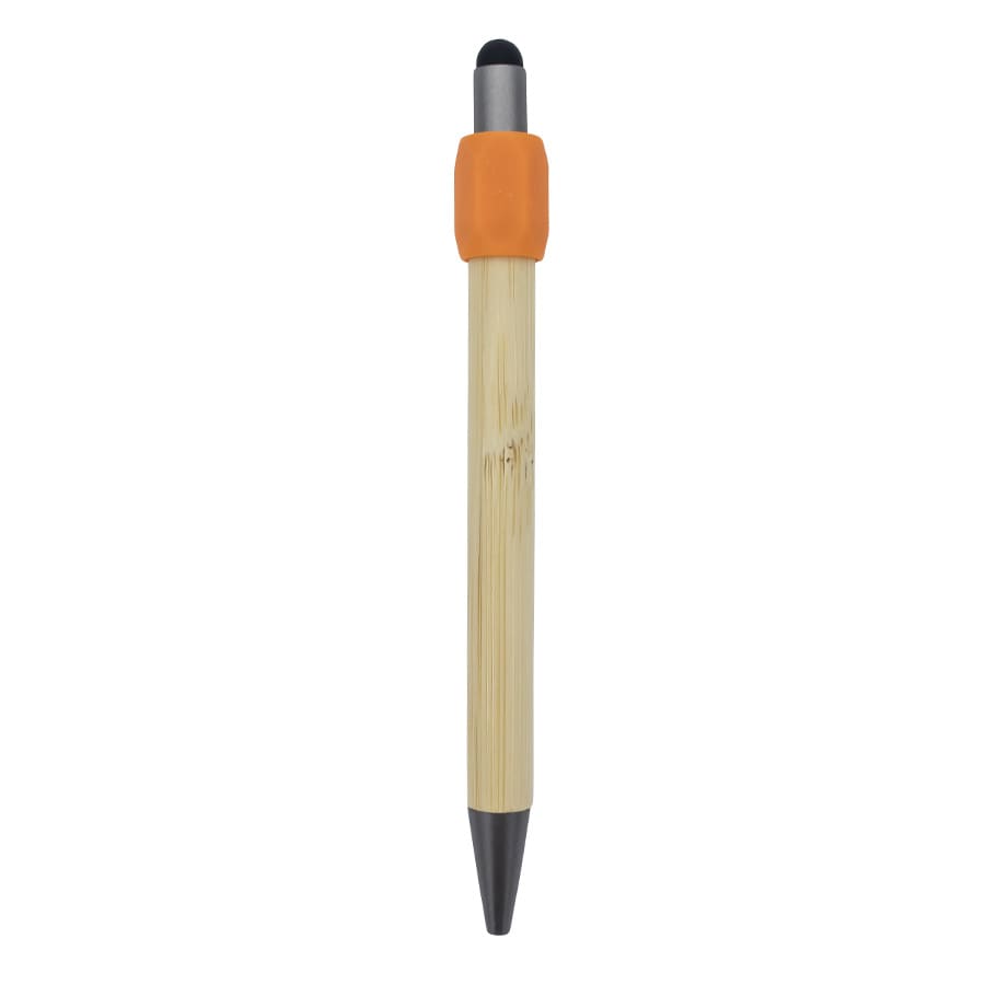 A bamboo pen with an orange grip and a black tip, featuring a logo on the barrel.