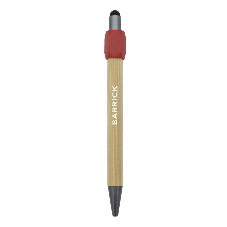 A bamboo rollerball pen with a red cap and black tip, featuring branding on the barrel.