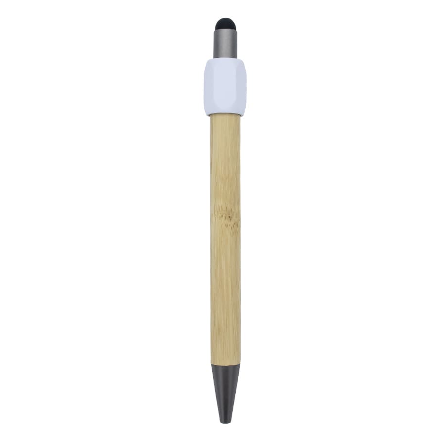 A bamboo spinner pen with a white top and black tip, featuring a metallic clip.