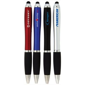 Four stylus pens in red, blue, black, and silver, each featuring a black grip and a logo.