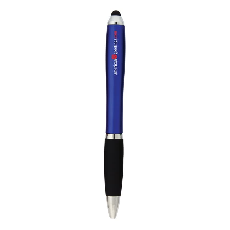 A blue stylus pen with a black grip and silver accents, featuring a branding logo.