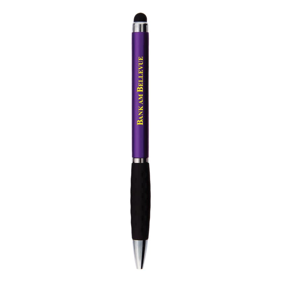 A purple stylus pen with a black grip and a logo on its side. Ideal for writing and touchscreen use.