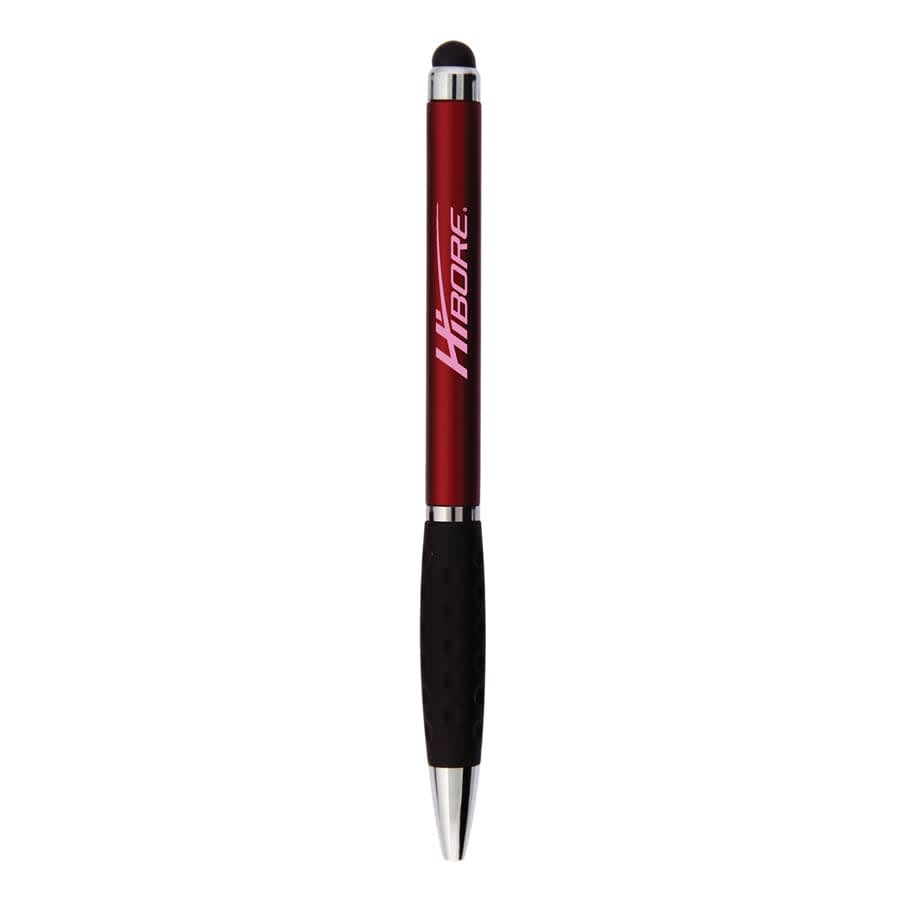 A red stylus pen with a black grip and a metallic finish, featuring a logo.