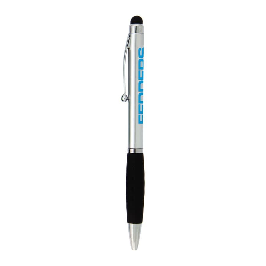 A silver stylus pen with a black grip and a branding logo on the side.