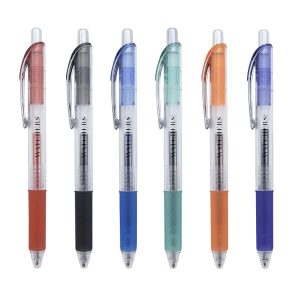 A collection of six gel ink pens in red, black, blue, green, orange, and teal, featuring clear barrels and grip designs.
