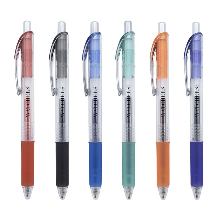 A collection of six gel ink pens in red, black, blue, green, orange, and teal, featuring clear barrels and grip designs.