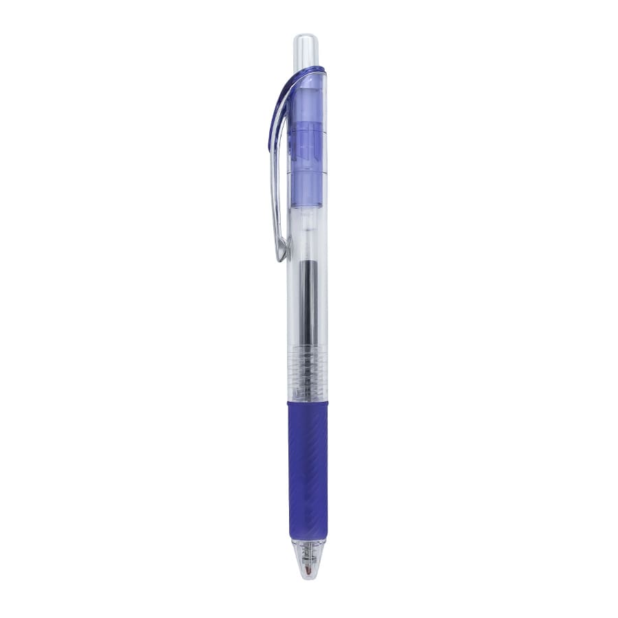 A purple gel ink pen with a transparent body and a clip, featuring a silver nib and a textured grip.