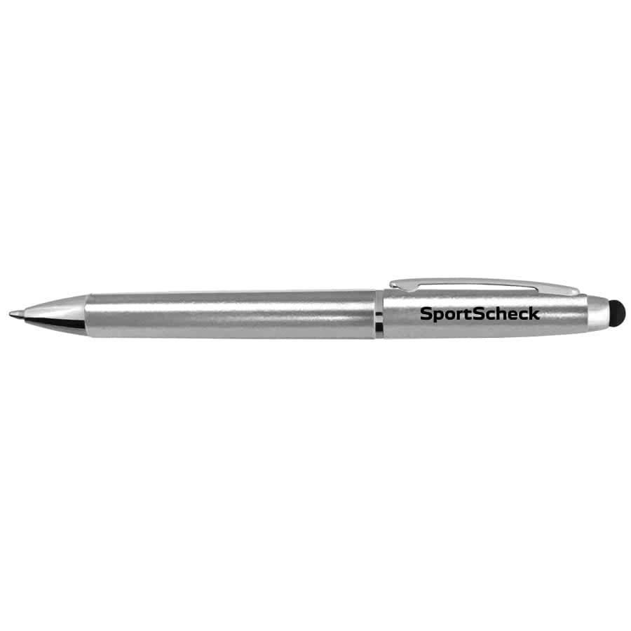 A silver stylus pen featuring a black tip and a branding logo.