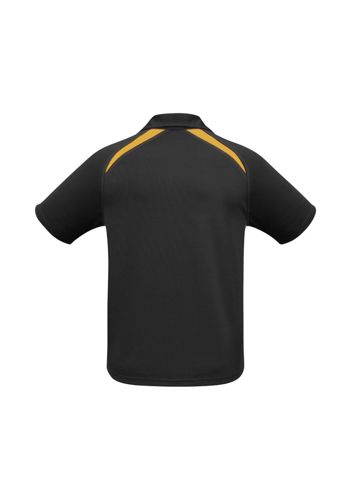 A black short sleeve polo shirt featuring yellow splice detailing and a logo on the front.