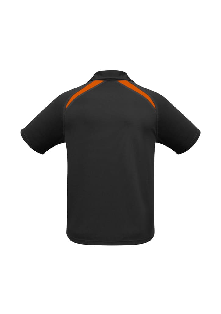A black polo shirt with orange splice detailing and a collar. Features short sleeves and a logo.
