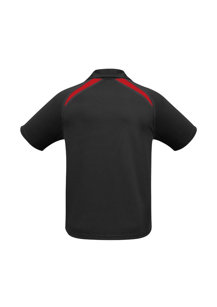 A men's short sleeve polo shirt in black with red splice detailing. Features a branding logo on the back.
