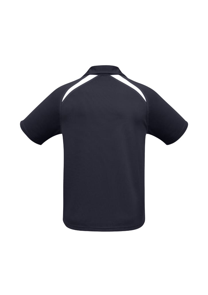 A navy polo shirt with short sleeves featuring white panel details and a logo on the back.