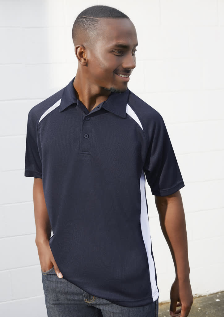 A navy blue short sleeve polo shirt featuring white splice details and a logo.