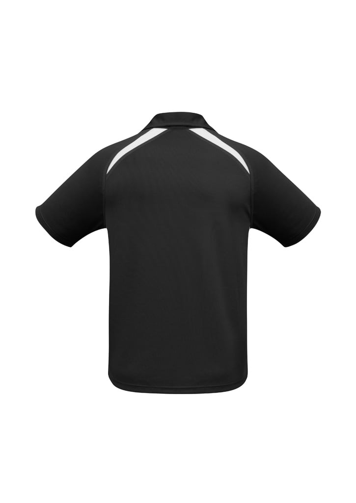 A black kids' polo shirt with short sleeves and white detailing on the back, featuring a logo.