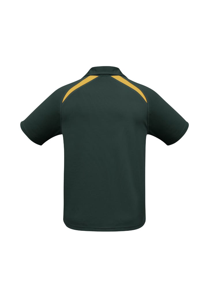 A green kids' polo shirt with yellow detailing on the shoulders and a logo.